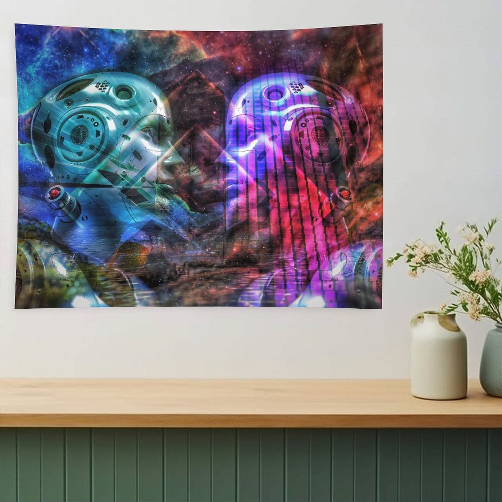Two Minds psychedelic tapestry, two chrome faces turned toward each other in teal and magenta against a nebula