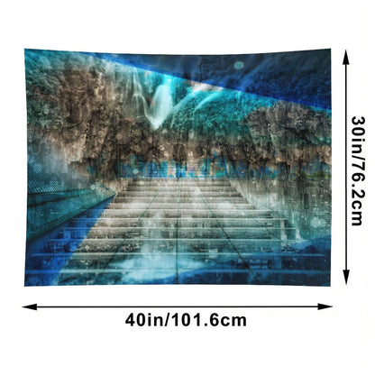Distant Traveller psychedelic tapestry, a wide stair rising into a cavern with a waterfall and cold blue light overhead