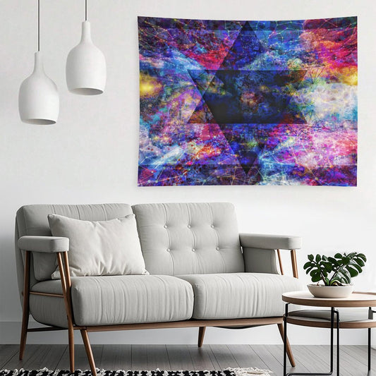 As Above psychedelic tapestry, interlocked hexagram geometry laid over a magenta and gold nebula