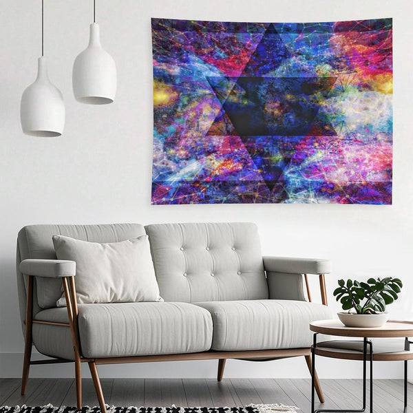As Above psychedelic tapestry, interlocked hexagram geometry laid over a magenta and gold nebula