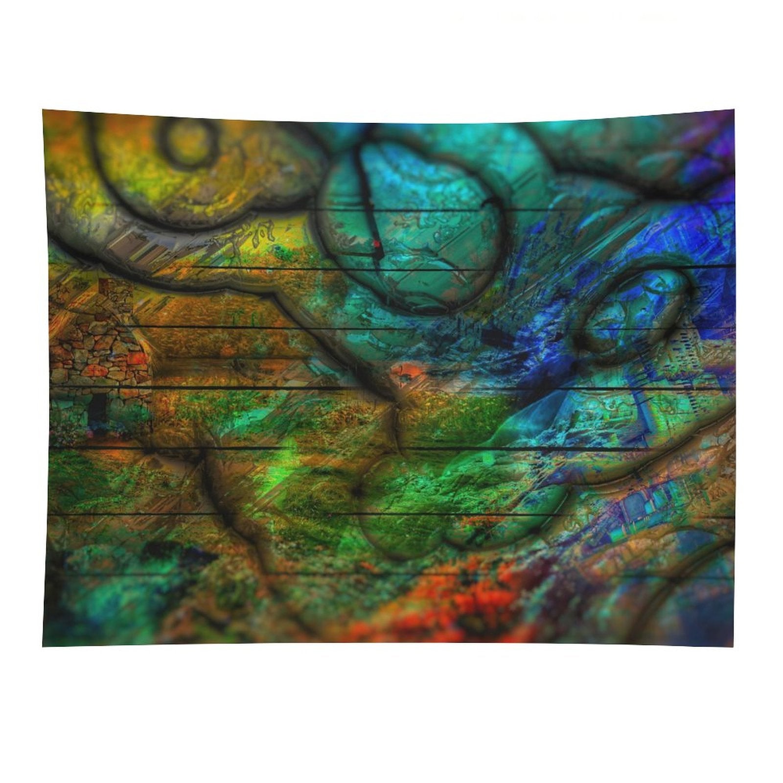 Strata Bloom psychedelic tapestry, cellular and geological strata in teal, ochre and green mapped like a cross section