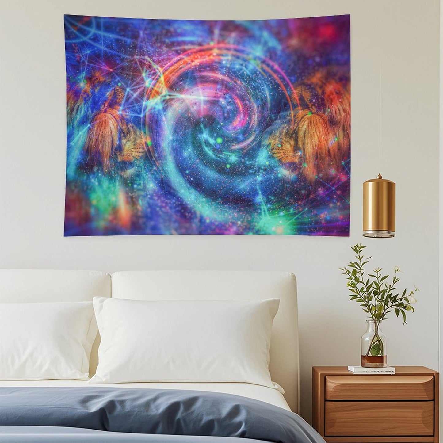 Twin Wardens psychedelic tapestry, a spiral galaxy vortex flanked by two golden maned guardians facing inward