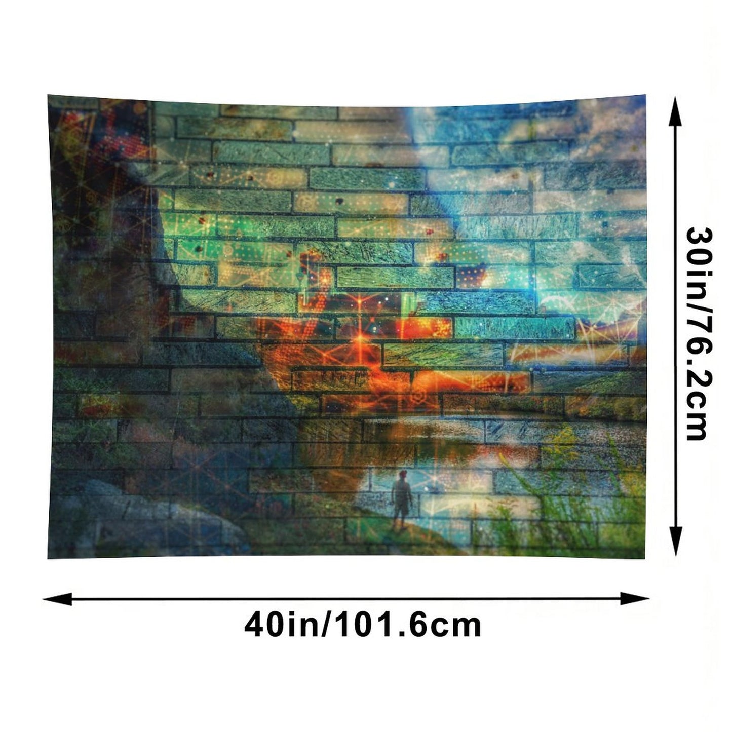 Wall of Days psychedelic tapestry, a long brick and stone wall with a glowing orange seam and one small figure at its base