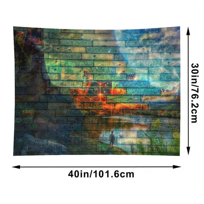 Wall of Days psychedelic tapestry, a long brick and stone wall with a glowing orange seam and one small figure at its base