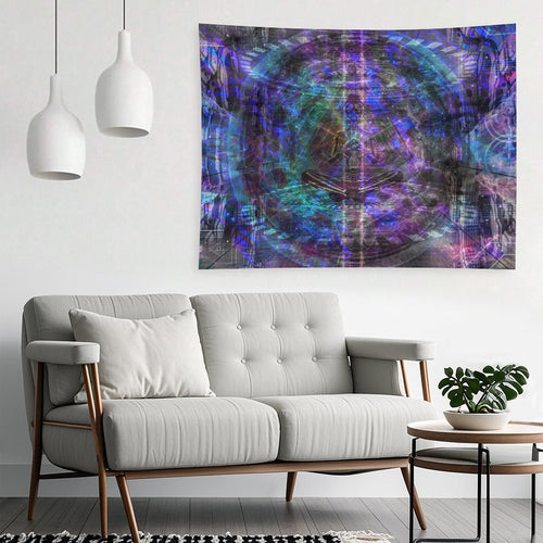 Still Point psychedelic tapestry, a seated figure at the center of a vast concentric mandala drawn like a blueprint