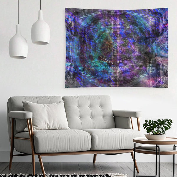 Still Point psychedelic tapestry, a seated figure at the center of a vast concentric mandala drawn like a blueprint