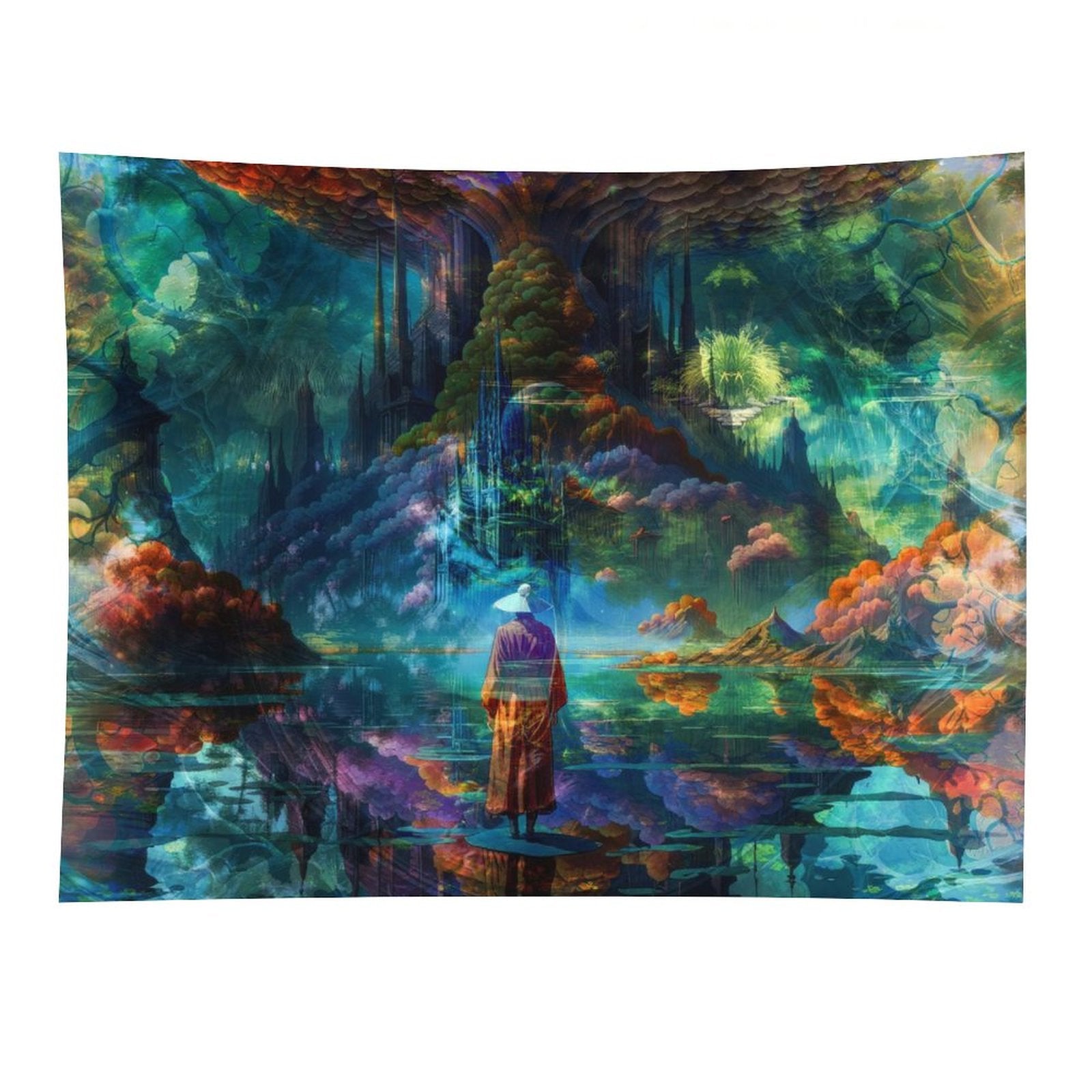 The Verdant Monolith psychedelic tapestry, a robed figure at still water beneath a vast tree with coral colored foliage