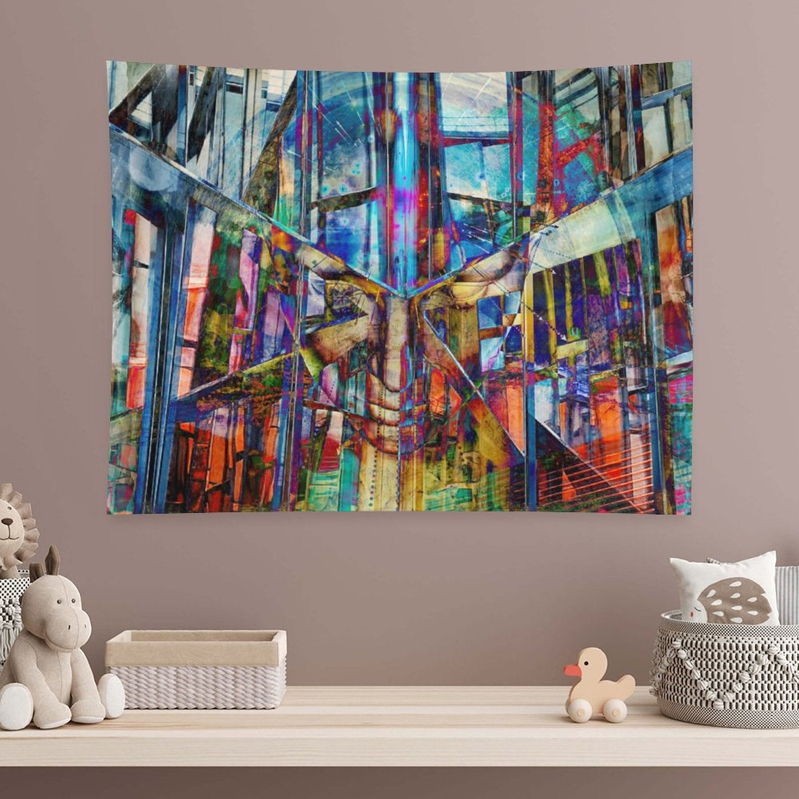 The Fold psychedelic tapestry, a mirrored urban corridor folded into kaleidoscope with stained glass color