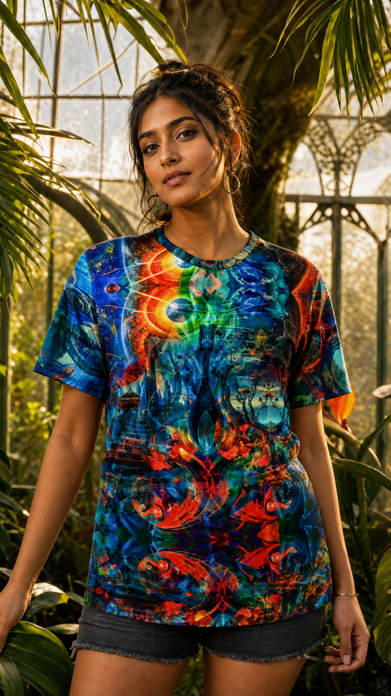Celestial Bloom tee cowboy shot showing fabric drape and print detail in conservatory