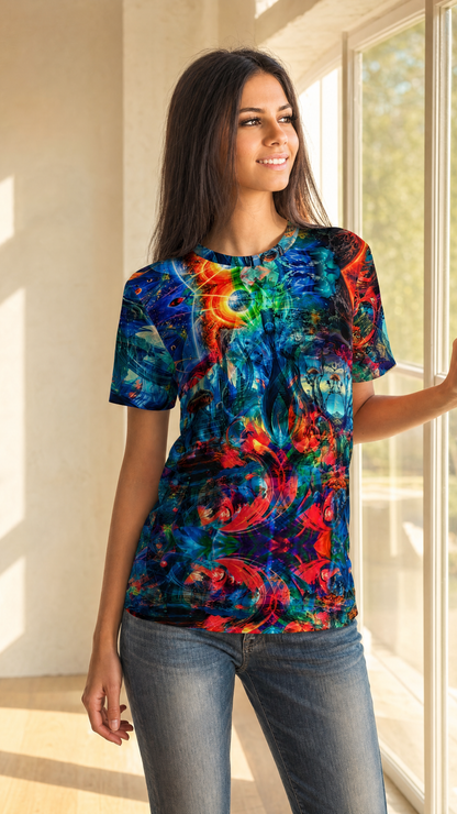 Celestial Bloom premium cotton tee worn by female model in soft warm minimalist sunlit interior, golden afternoon light