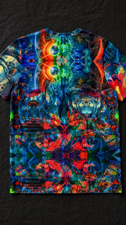 Celestial Bloom premium cotton tee back view flat lay on dark linen surface