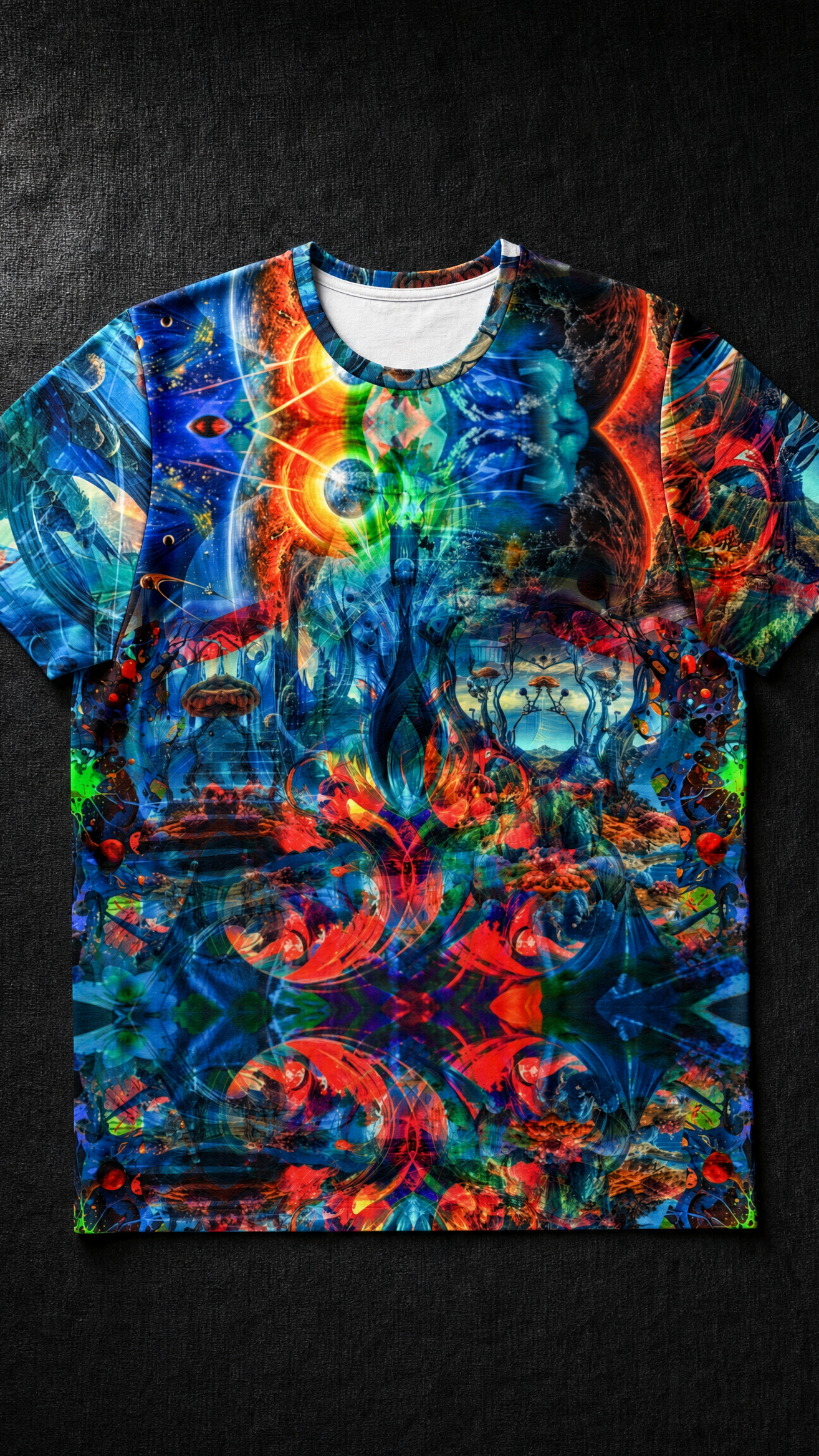 Celestial Bloom premium cotton tee front view flat lay on dark linen surface