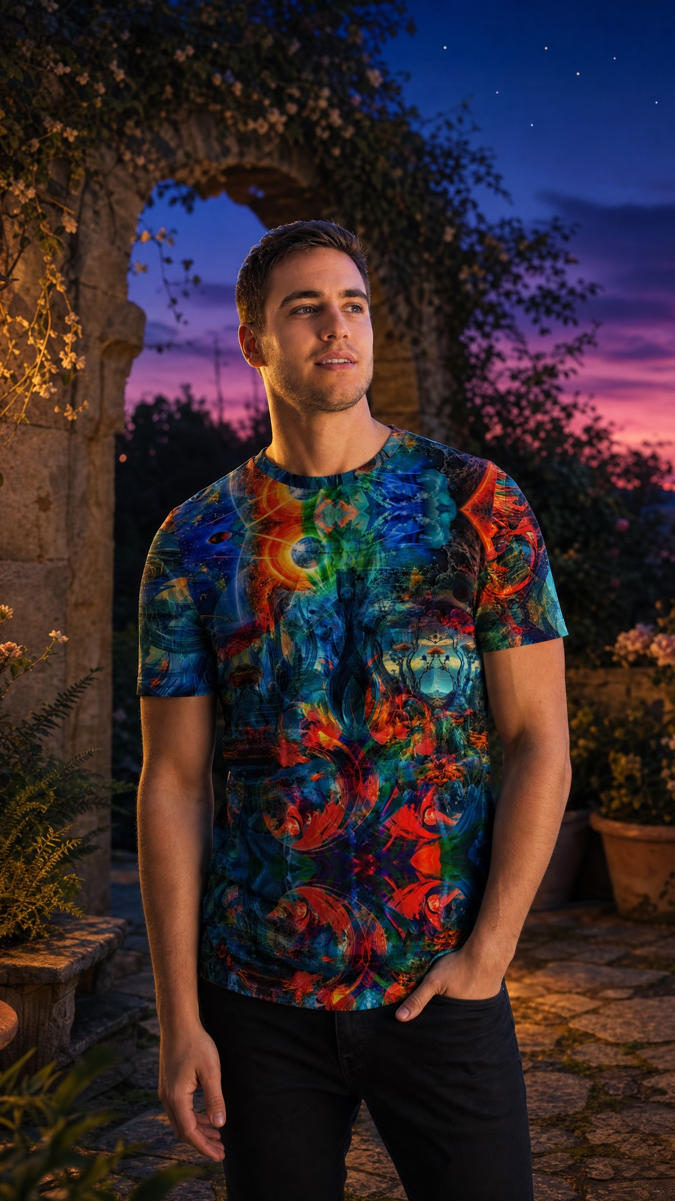 Celestial Bloom premium cotton tee worn by male model in dusk garden courtyard with twilight sky