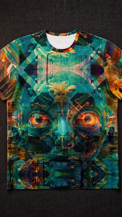 Circuit Oracle premium cotton tee front view flat lay on dark linen surface