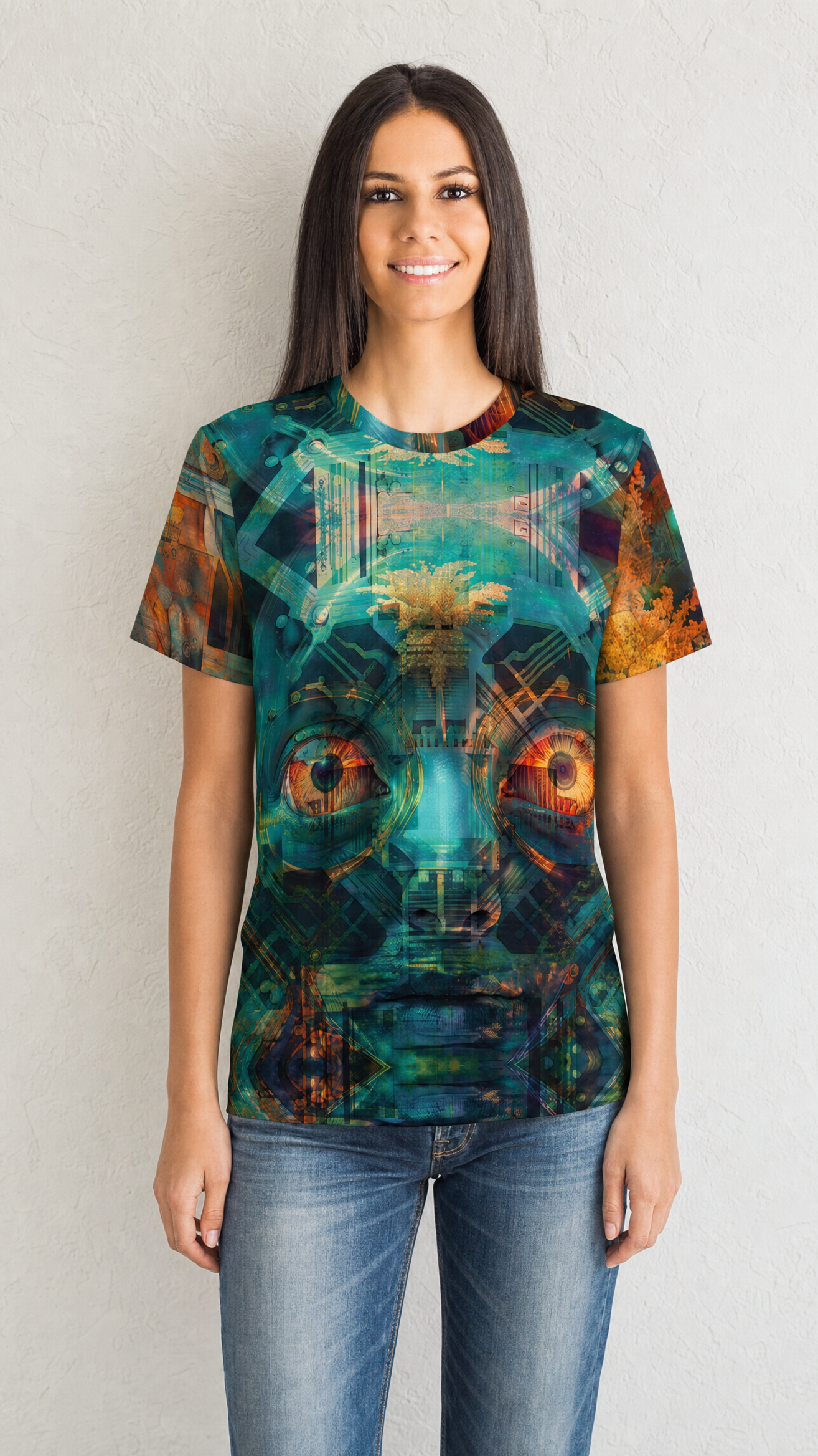 Circuit Oracle premium cotton tee worn by female model on soft grey gallery wall