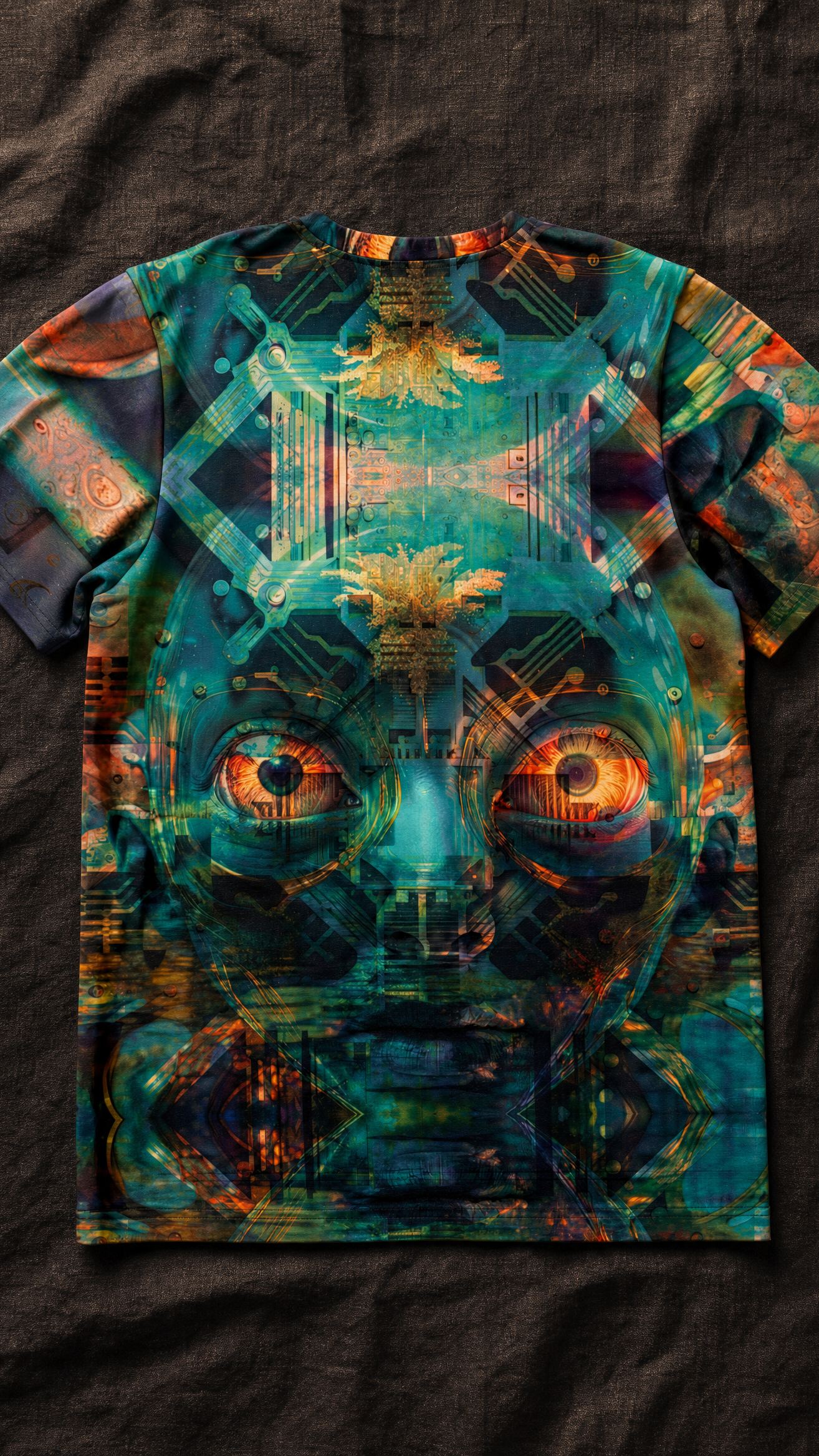 Circuit Oracle premium cotton tee back view flat lay on dark linen surface