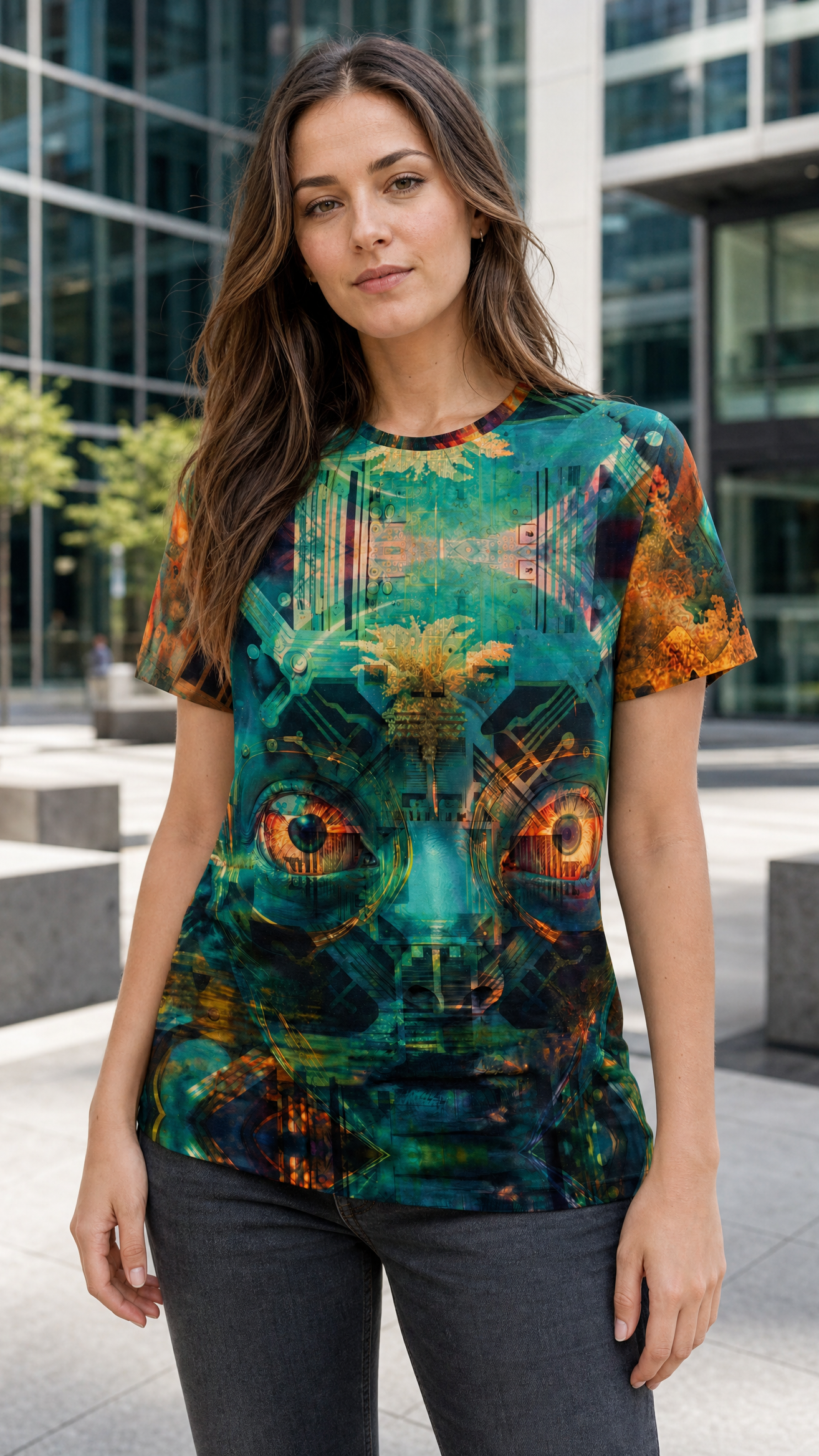 Circuit Oracle t-shirt cowboy shot showing fabric drape and print detail in modern plaza