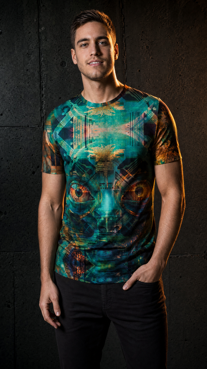 Circuit Oracle premium cotton tee worn by male model on dark concrete brutalist wall