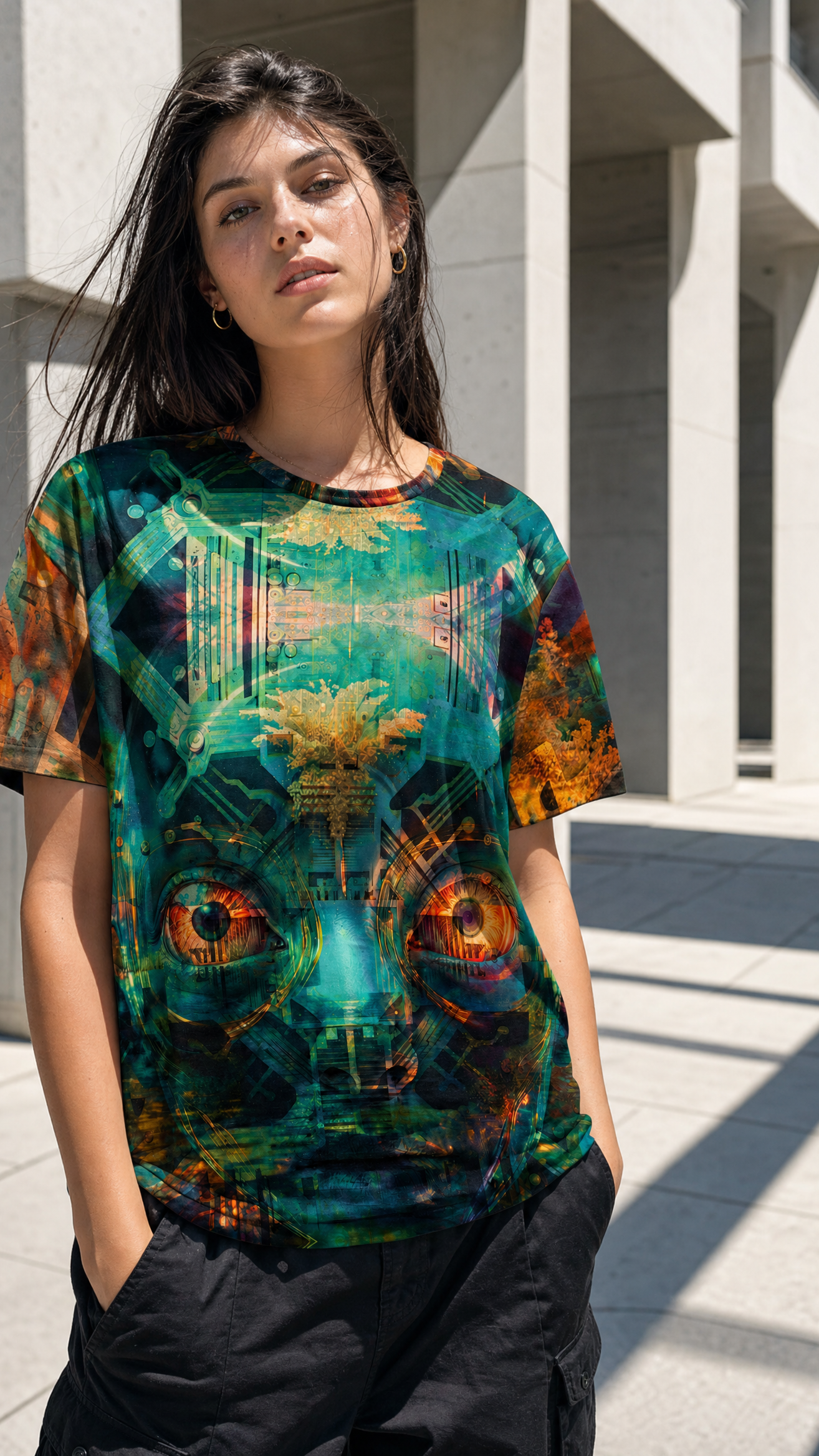 Circuit Oracle t-shirt on female model in modern downtown plaza at midday