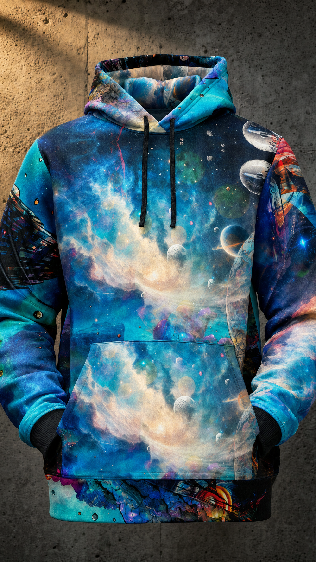 Cosmos Unbound heavyweight athletic hoodie cosmic nebula all-over print on concrete brutalist wall