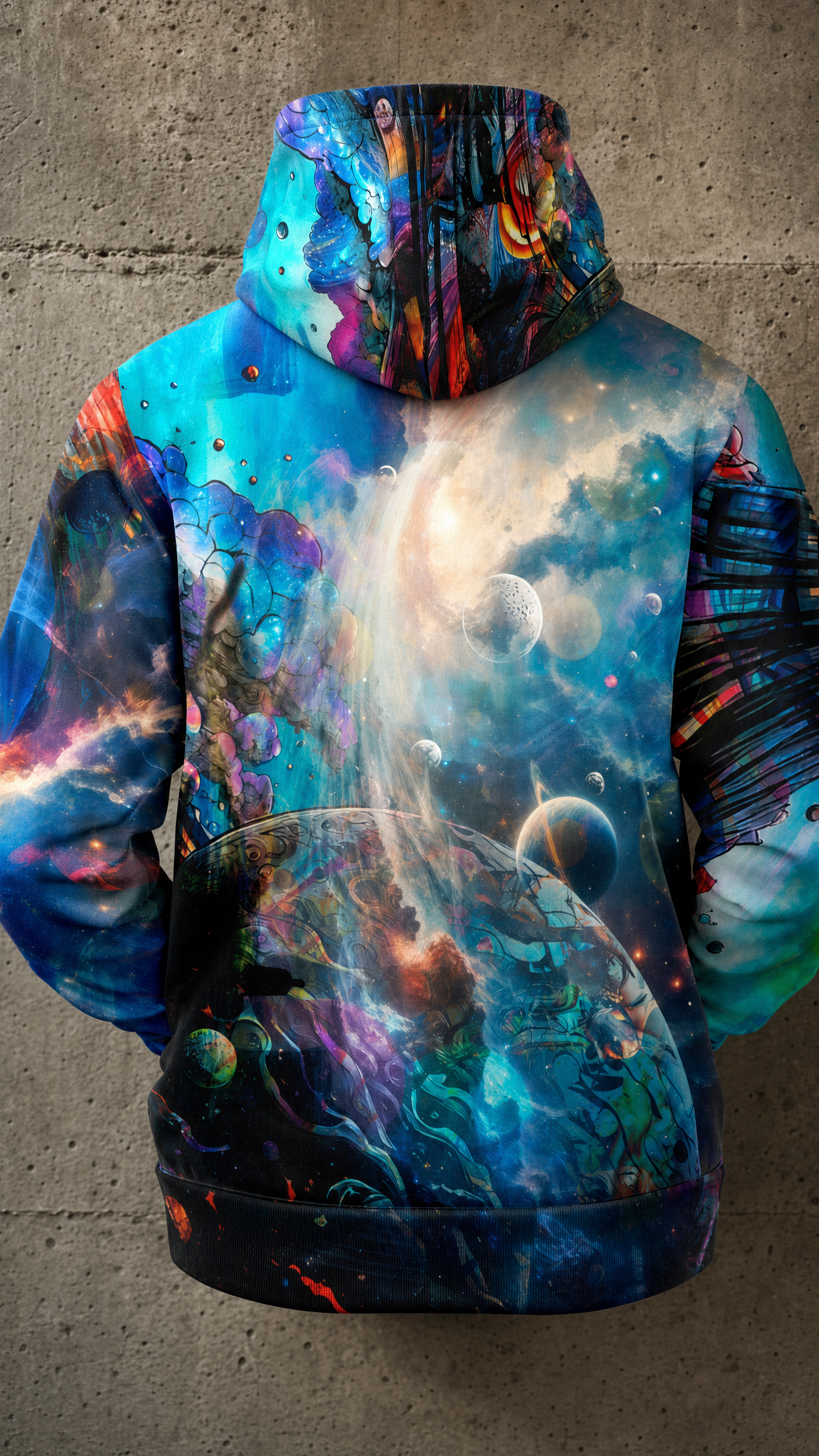Cosmos Unbound heavyweight athletic hoodie back view, cosmic nebula all-over print, ghost mannequin on concrete brutalist wall