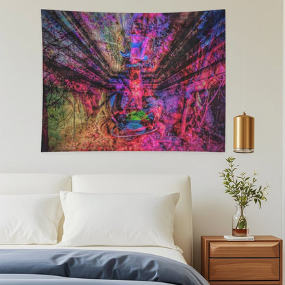 The Reclaiming psychedelic tapestry, abandoned machinery swallowed by a magenta forest with branches radiating outward