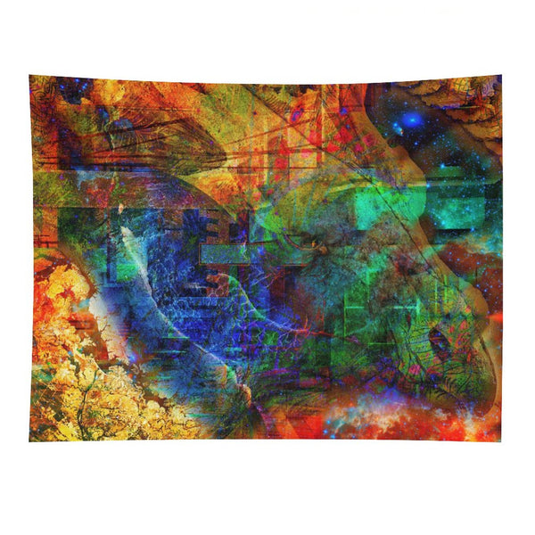 Of The Soul psychedelic tapestry, an ochre and cobalt field broken by green blocks and a scatter of deep space