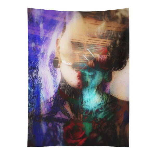 Quiet Weather psychedelic tapestry, a portrait with closed eyes double exposed with a rose in teal and crimson washes