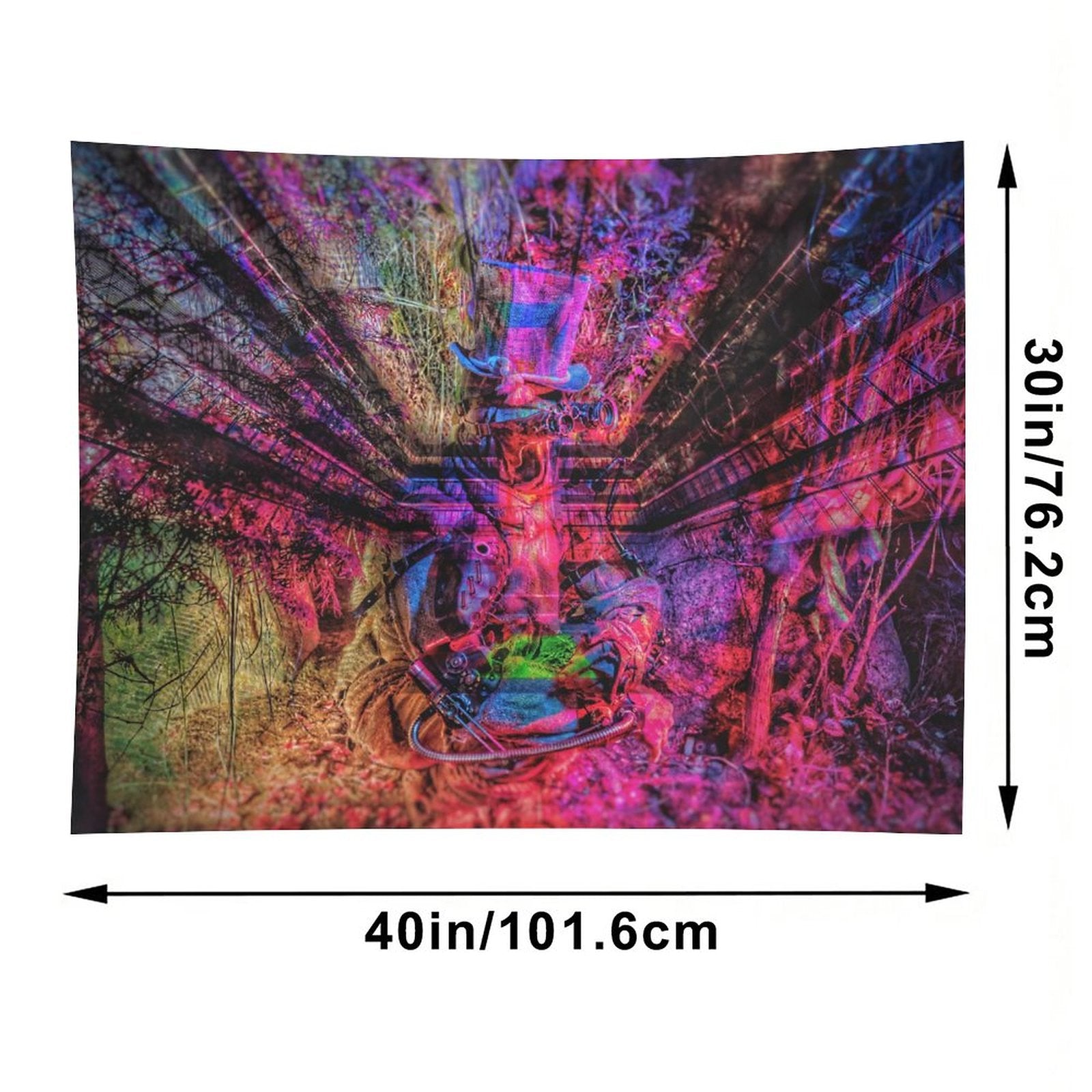 The Reclaiming psychedelic tapestry, abandoned machinery swallowed by a magenta forest with branches radiating outward