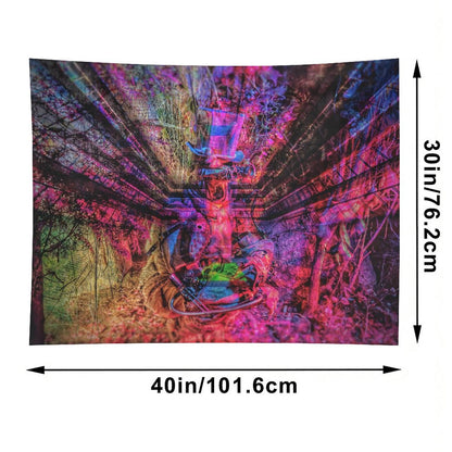 The Reclaiming psychedelic tapestry, abandoned machinery swallowed by a magenta forest with branches radiating outward