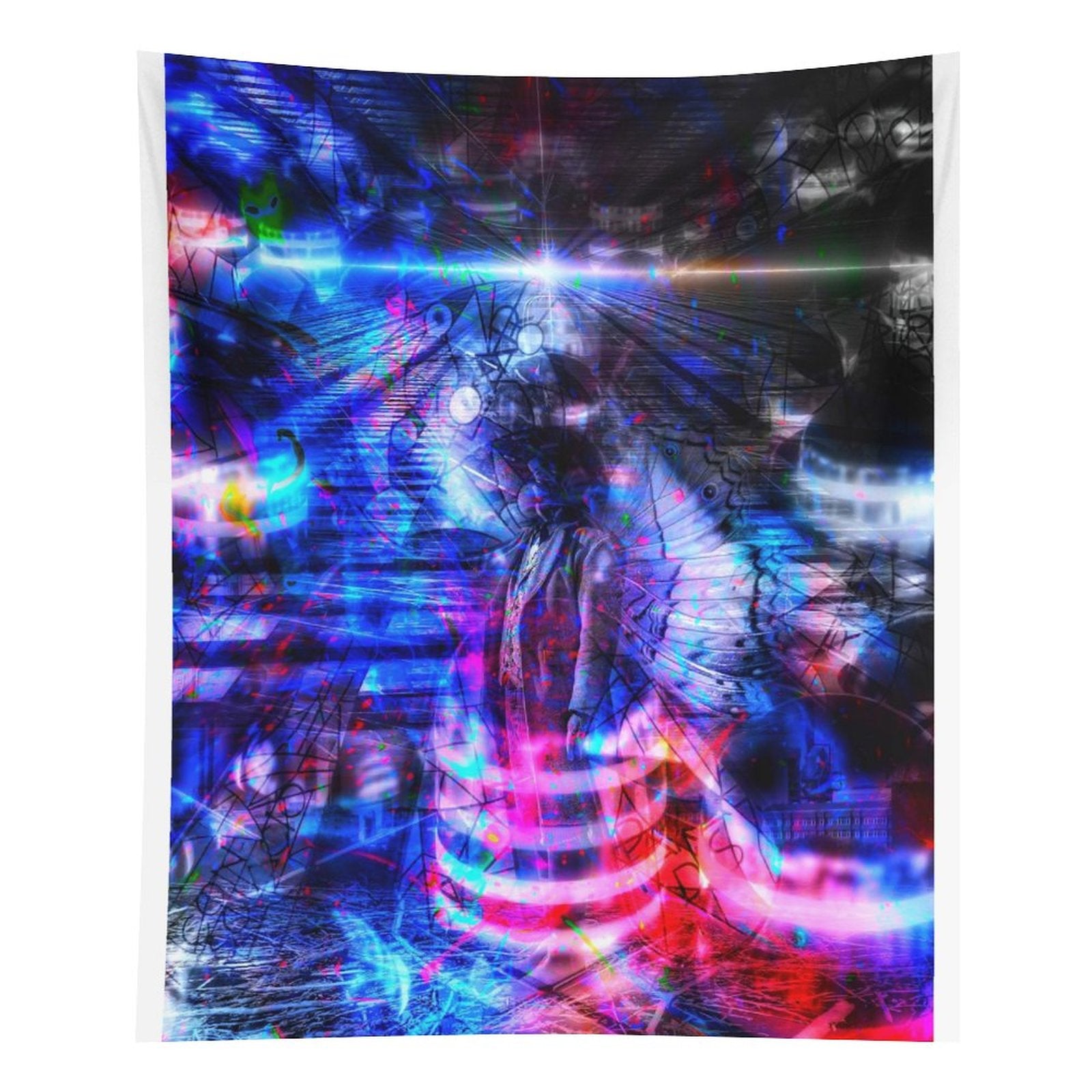 Butterfly Futures psychedelic tapestry, a radiant figure in blue and magenta with light bursting outward in bands