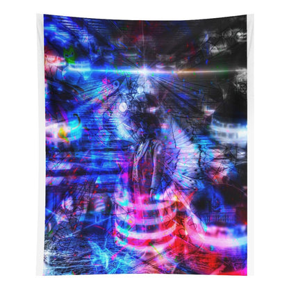 Butterfly Futures psychedelic tapestry, a radiant figure in blue and magenta with light bursting outward in bands