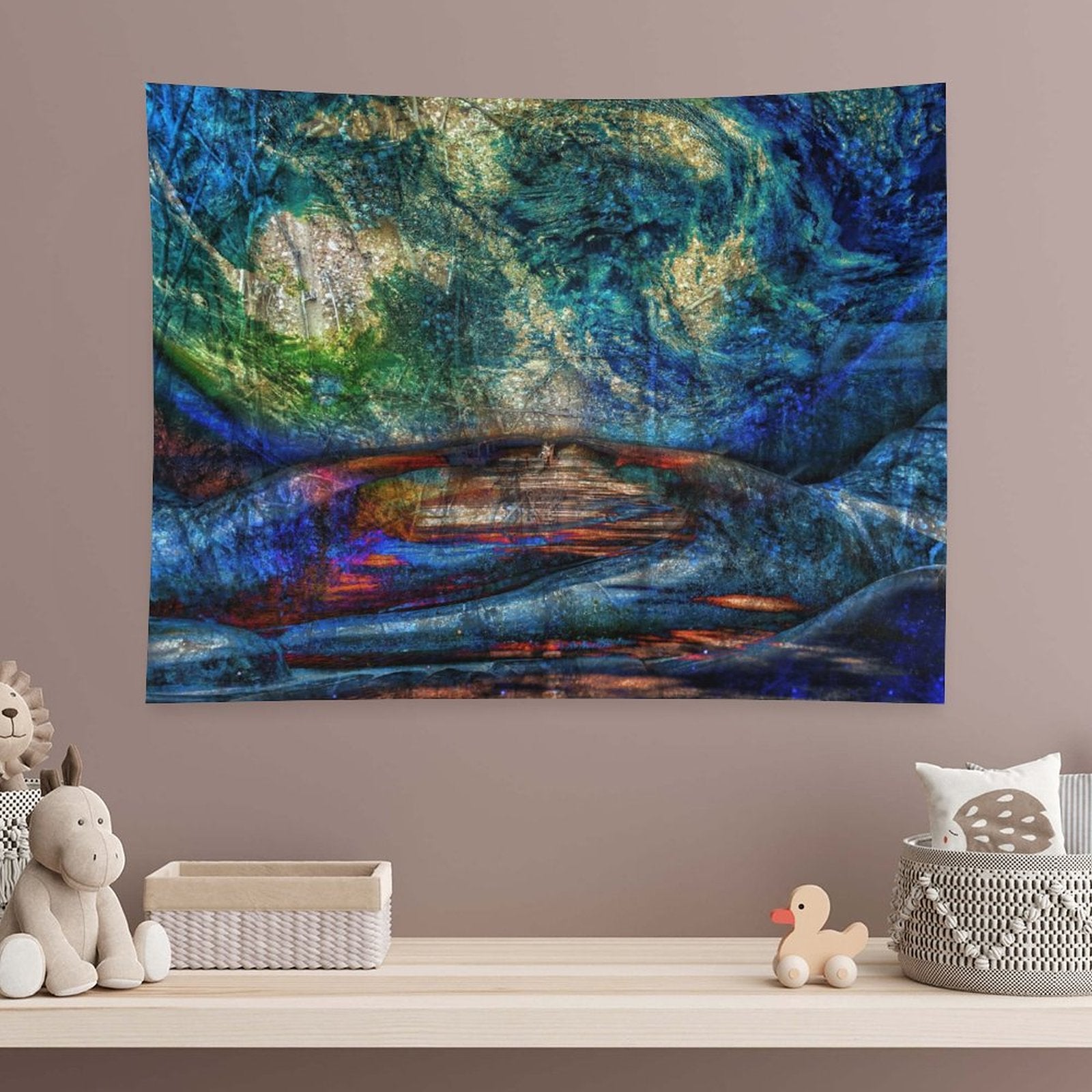 Stone Current psychedelic tapestry, layered rock in teal and gold with a river of light running through the strata