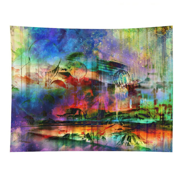 The Slow Crossing psychedelic tapestry, a pastel dreamscape with airships and balloons drifting above still water
