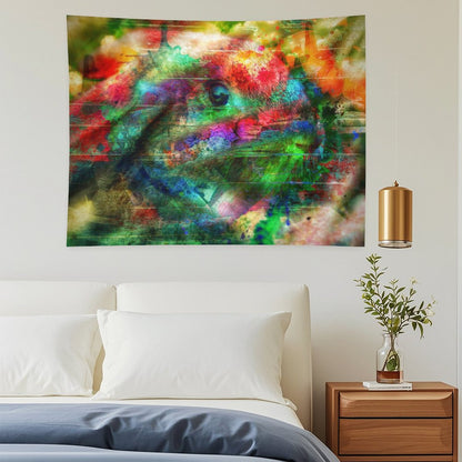 The Watcher psychedelic tapestry, a riotous color field with a single large eye and an animal head surfacing through it