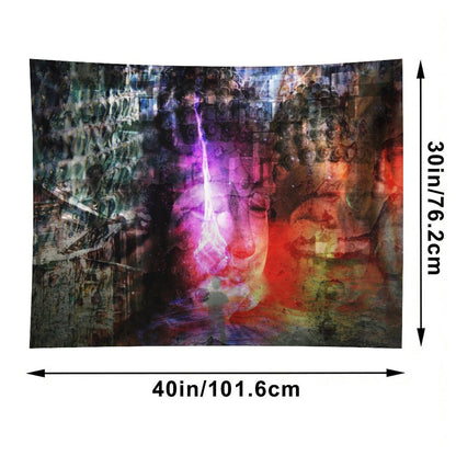 The Patient Fire psychedelic tapestry, layered stone faces with a magenta flame rising through the center