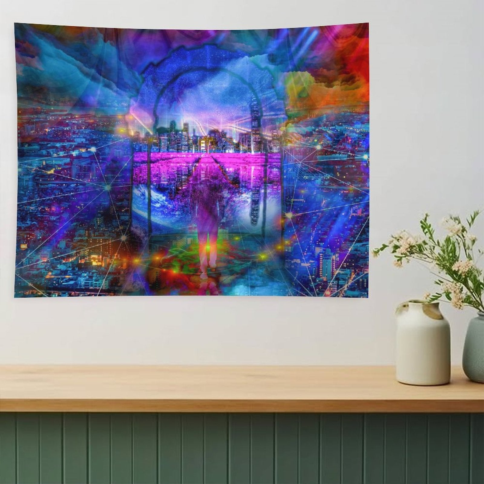 City of Threads psychedelic tapestry, a figure in a stone arch above a night city with constellation lines linking the lights