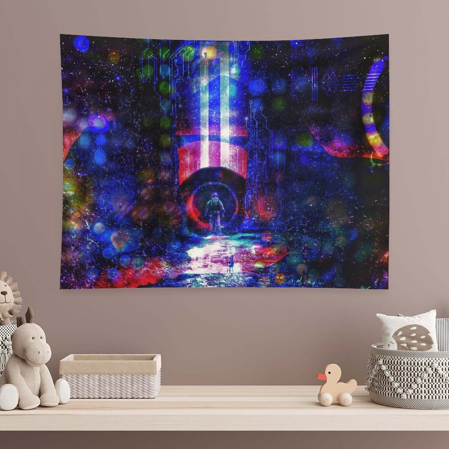 Circuit Vigil psychedelic tapestry, a lone figure on a wet neon street before a blue and crimson monolith in a circuit starfield