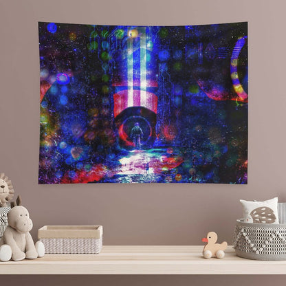 Circuit Vigil psychedelic tapestry, a lone figure on a wet neon street before a blue and crimson monolith in a circuit starfield