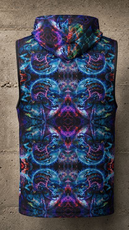Dual Genesis hoodie back ghost view on concrete brick wall