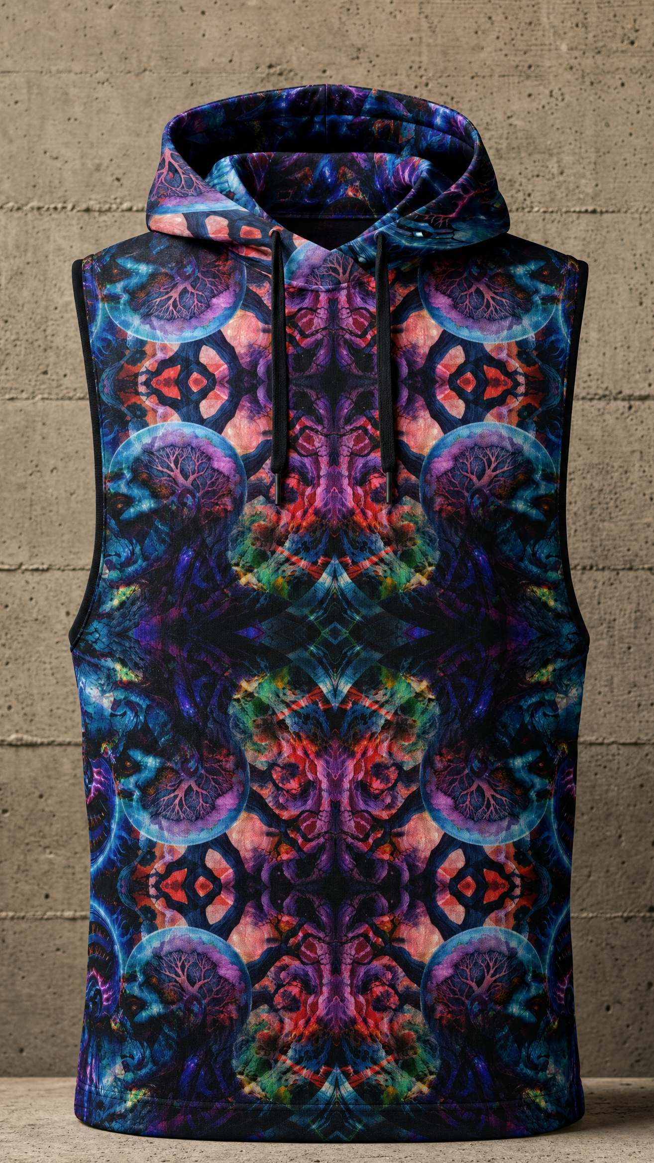 Dual Genesis hoodie front ghost view on concrete brick wall