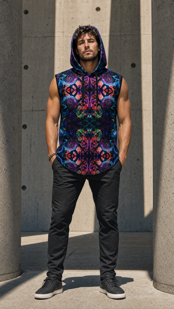 Dual Genesis hoodie on male model in modernist concrete column corridor at midday