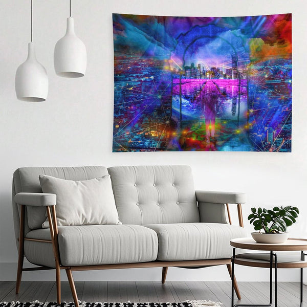 City of Threads psychedelic tapestry, a figure in a stone arch above a night city with constellation lines linking the lights