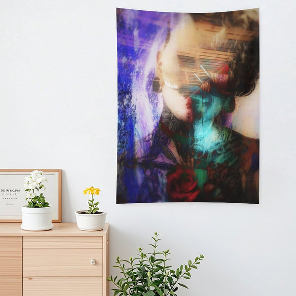 Quiet Weather psychedelic tapestry, a portrait with closed eyes double exposed with a rose in teal and crimson washes