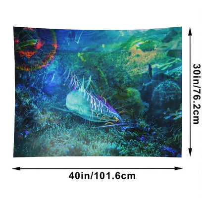 The Blue Meadow psychedelic tapestry, a reef floor in teal and green with a long patterned fish moving over the coral