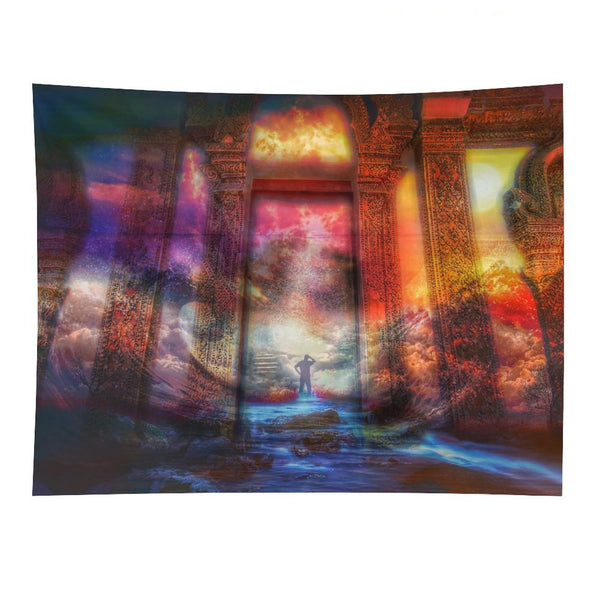 Temple of Return psychedelic tapestry, an ornate gold and crimson temple interior with a figure climbing steps toward the light