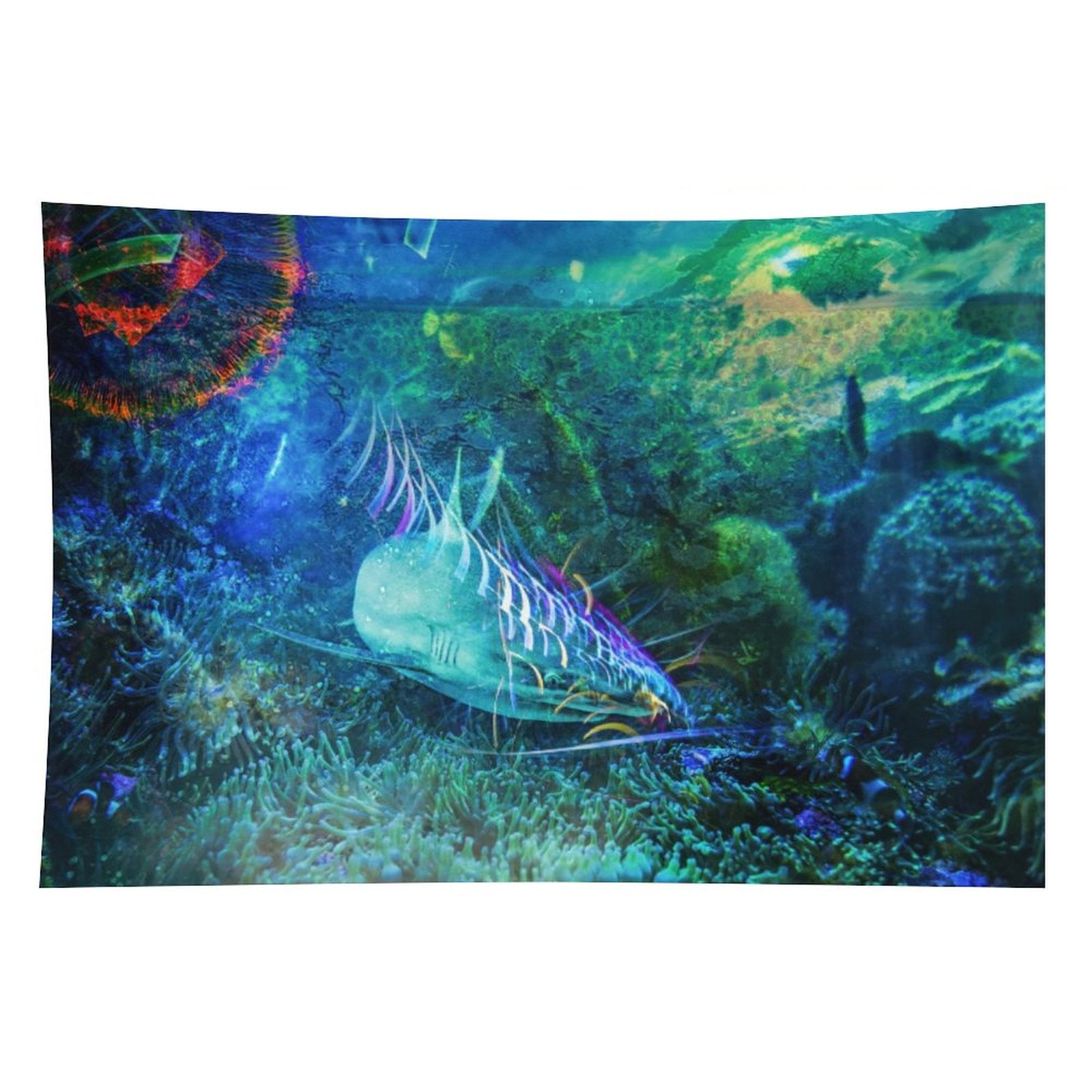 The Blue Meadow psychedelic tapestry, a reef floor in teal and green with a long patterned fish moving over the coral