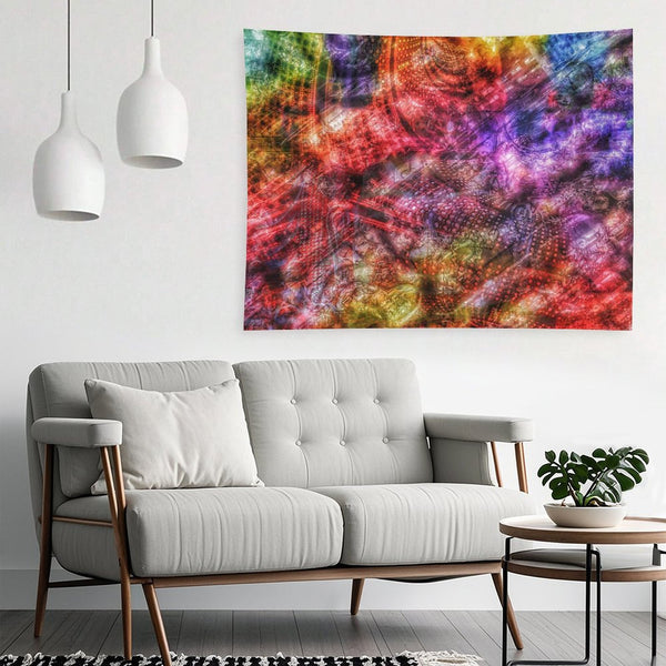 Scarlet Weave psychedelic tapestry, dense layered crimson and violet with scale and textile textures folded together