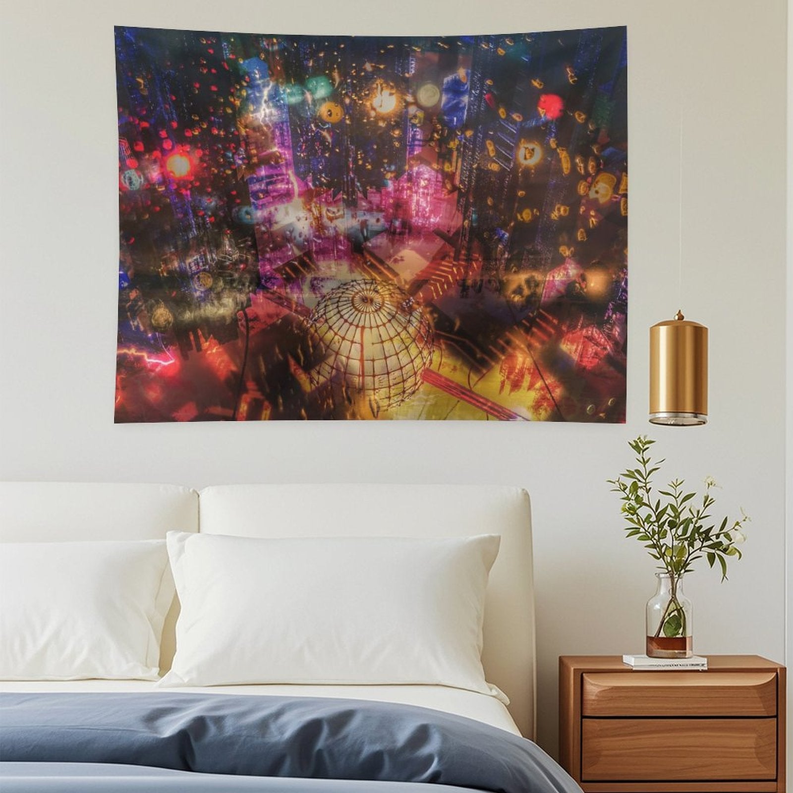 The Orrery psychedelic tapestry, a night city from above in warm bokeh with a brass armillary sphere across the foreground