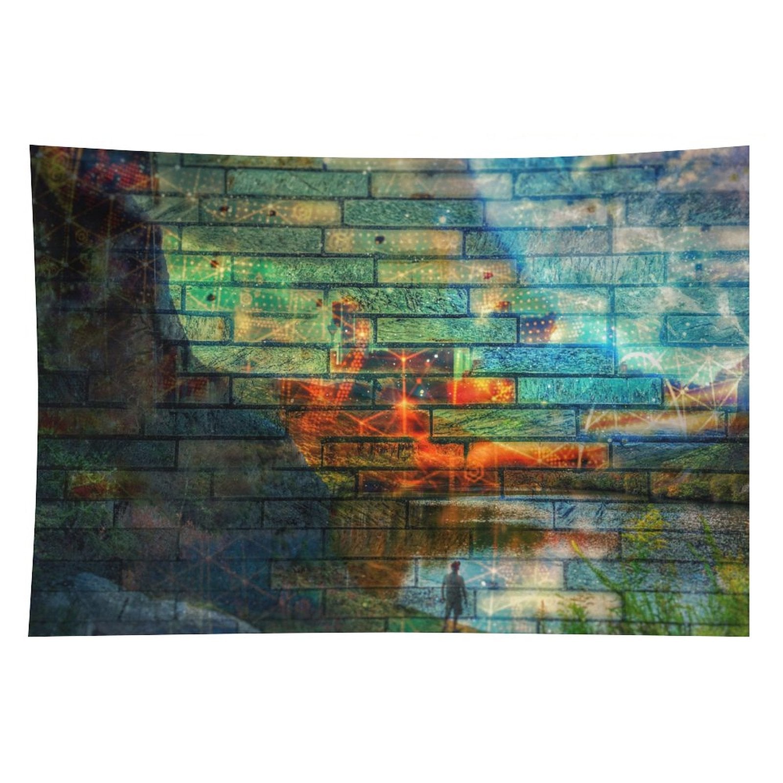 Wall of Days psychedelic tapestry, a long brick and stone wall with a glowing orange seam and one small figure at its base